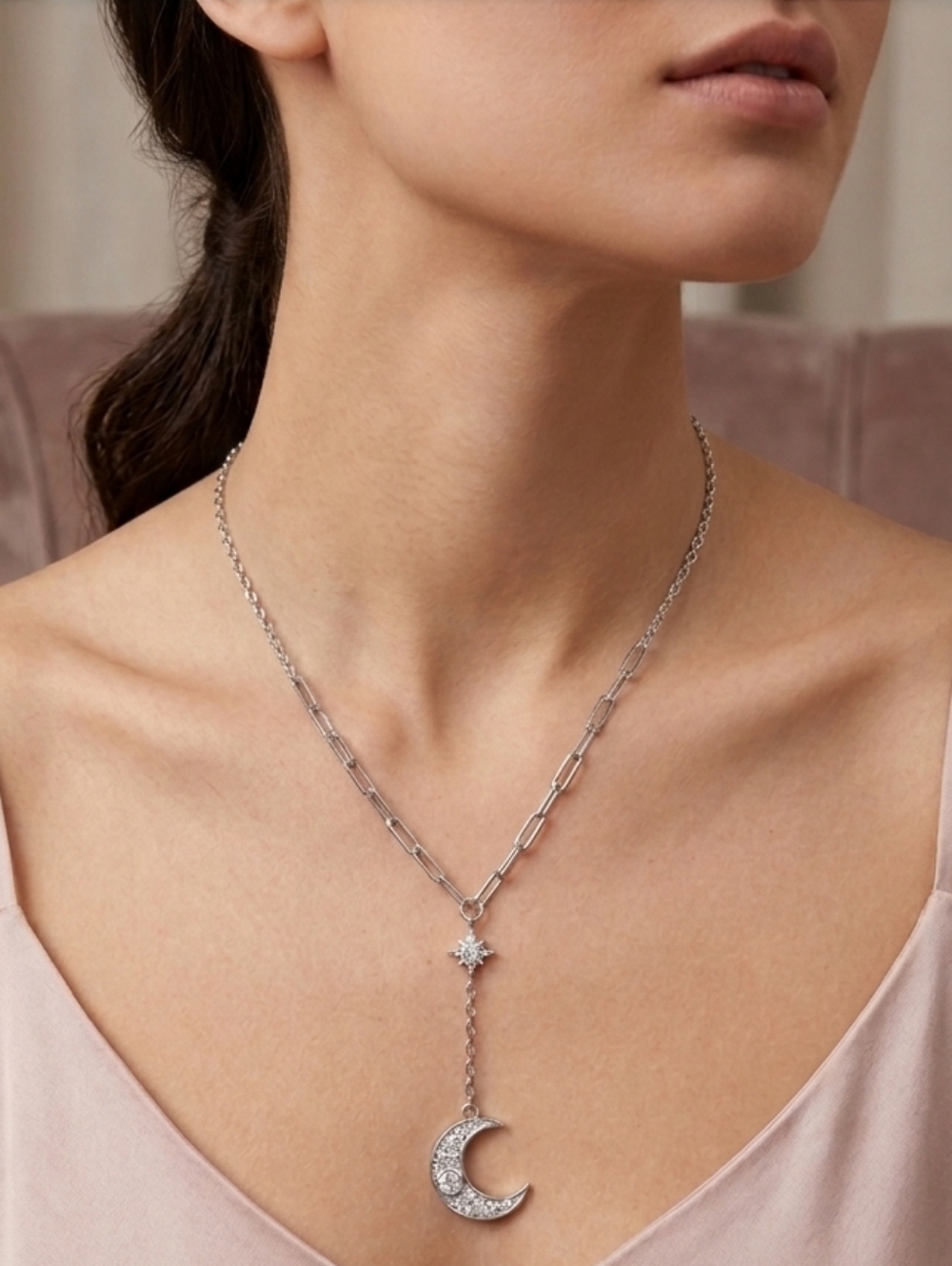 Silver Moon & Star Pendant Necklace